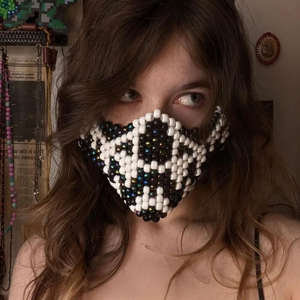 Pony Bead Kandi Half Face Mask Unisex Adult White Black Patterned